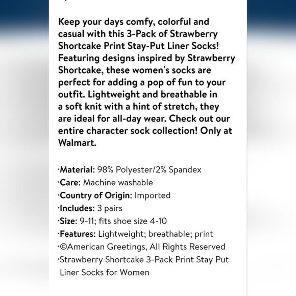 Strawberry Shortcake 3-PK Stay Put Liner Socks - Picture 5 of 7